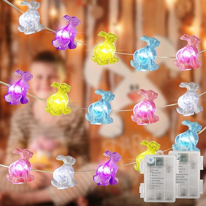 WATERGLIDE 2 Pack Easter Decorative Lights, 16FT 50LED Each Colorful Bunny String Fairy Lights, Battery Operated Rabbit Shaped Lights, 8 Modes & Timer, Waterproof Indoor Outdoor for Easter Party Home