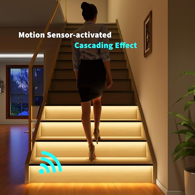 Intelligent Motion Sensor Led Stair Lights Indoor, Interior Lights for Stairs, 20 Stairs 40Inch Length (100cm) cuttable and Versatile LED Step Lights(Warm Yellow 3000K, 20 Stairs)