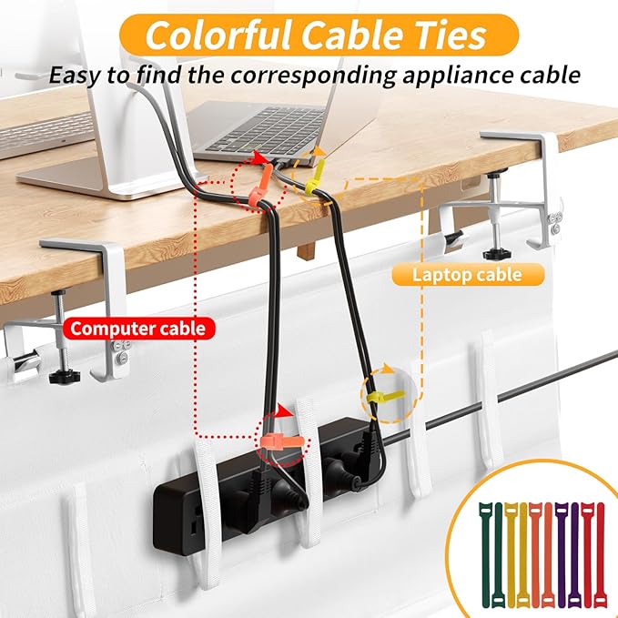 Under Desk Cable Management Tray with Clamp, No Drill 28" Cord Organizer for Desk, Desk Cable Management Fabric Tray for Standing Desks, Ideal for Home & Office - White