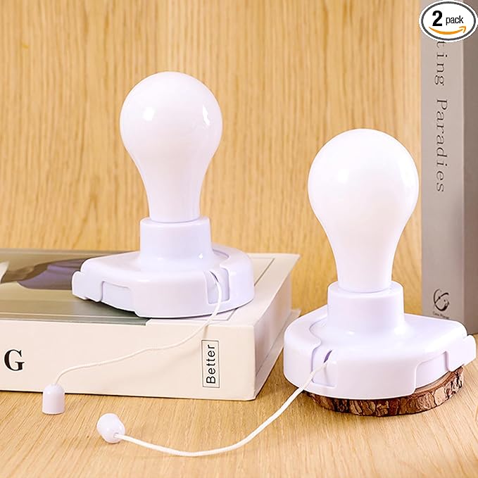 2 Pack Battery Operated Light Bulb, Stick-Up Battery Powered Wireless LED Closet Light Bulb, Self Adhesive Wall Mounted Light Fixture with Pull Chain for Cabinet Bedroom Living Room Kitchen