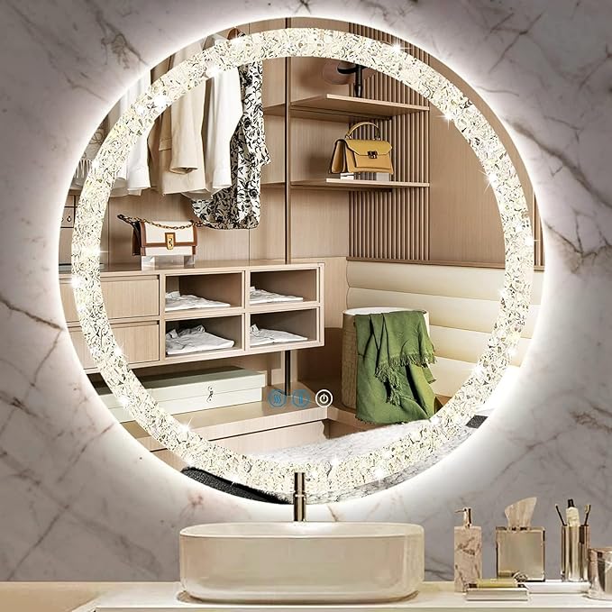 THEKLA 24 Inch Bathroom Crystal LED Round Mirror with Lights Memory 3 Color Dimmable Crystal AntiFog Round Lighted Vanity Mirror for Bathroom Wall 24" Diamond Circle Light up Vanity Mirror with Lights