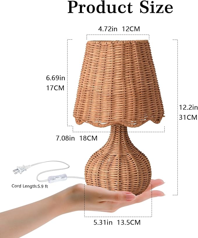 Rattan Table Lamp for Bedroom, Boho Small Table Lamps for Bedside, Farmhouse Mini Small Table Lamps for Small Spaces for Kitchen Counter, Bookshelf, Nightstand, Bedroom, Kids Dorm