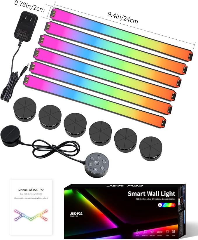 Smart LED Wall Lights, Music Sync Voice Control DIY RGB Light Bar with 16M+ Color & 44+ Scenes, Dimmable Home Decor Wi-Fi Wall Light for Gaming Room TV Bedroom (6 Lines)