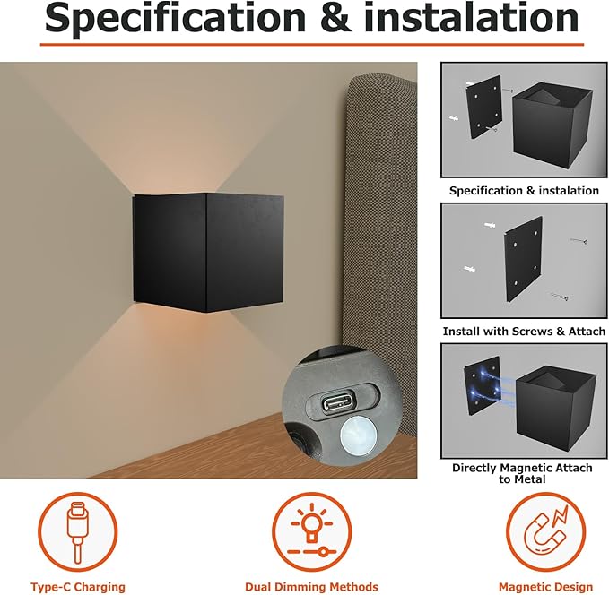 Motion Sensor Wall Light Up and Down, 2 Brightness Levels, IP65 Waterproof Wireless LED Indoor/Outdoor Wall Sconce, Battery Powered for Stairs Hallway Porch Patio, Black 2 Pack