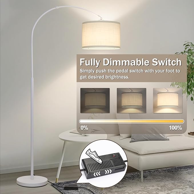 Seaside village Standing Lamp for Living Room, Dimmable Arc Floor Lamp with White Adjustable Hanging Shade, Modern Pole Lamp Tall Reading Light for Bedroom, Over Couch, Office, 9W LED Bulb Included