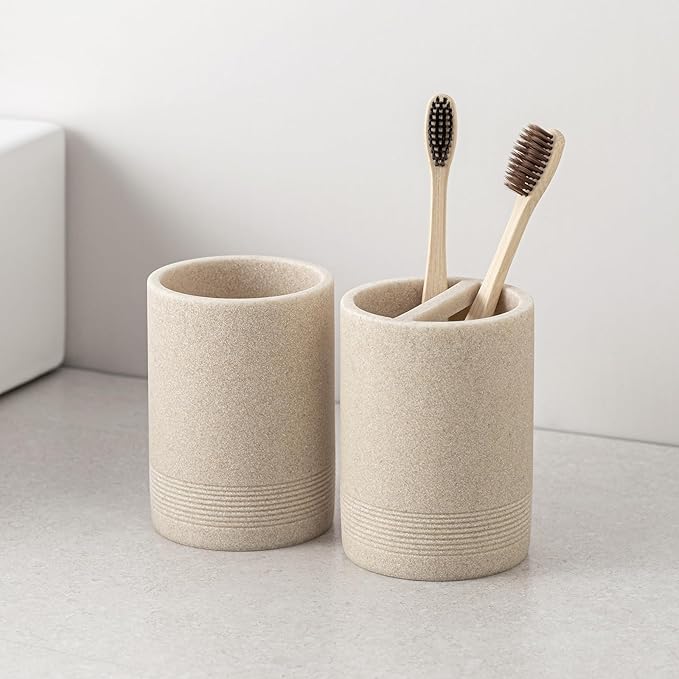 Bathroom Accessories Set, 6 PCS Modern Bathroom Accessory Set with 13.5 OZ Soap Dispenser, Toothbrush Holder, Vanity Tray, Tumbler, 2 PCS Qtip Holders (Beige 4PCS)