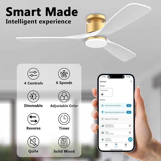 52 Inch Smart Low Profile Ceiling Fans,Solid Wood Outdoor Indoor Ceiling Fan with Lights Remote,WIFI Alexa App Control,Quiet DC Motor,Dimmable LED,Modern Flush Mount Fan for Bedroom Patio,Gold White
