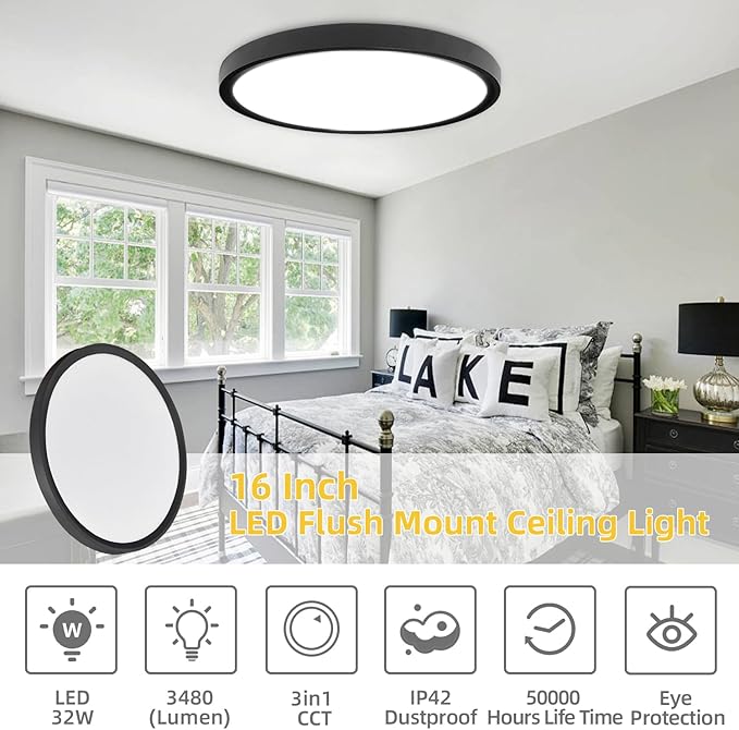 Led Flush Mount Ceiling Light,16 Inch 32w 3480lm,3000k/4000k/6000k 3CCT Selectable, Round Modern Flat Panel Super Slim Led Ceiling Light,for Living Dining Kitchen Bedroom Room (4Pack-Black)
