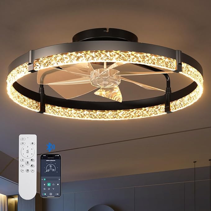 addlon Ceiling Fans with Lights and Remote, 24'' Low Profile Ceiling Fans, 3000-6000K Dimmable Modern Flush Mount LED Fan Light, Fandelier Ceiling Fan for Bedroom, Kitchen, Living Room, Black