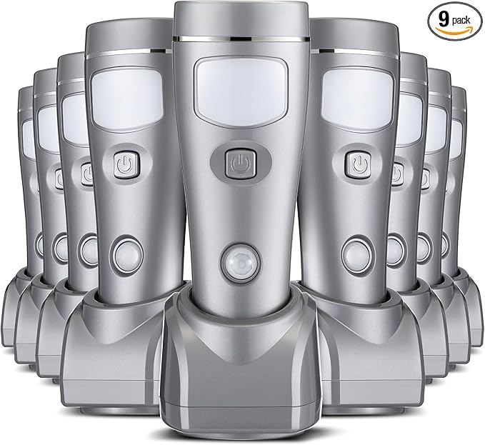 Enhon 9 Pack 4 in 1 LED Emergency Lights for Home Power Failure, Rechargeable Plug in Flashlight Motion Sensor Night Light, Automatic Turn On Power Outage Light for Home Hurricane Supplies (Silver)