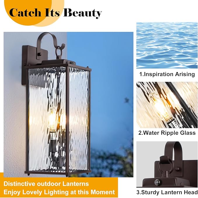 Oil Rubbed Bronze Dusk to Dawn Outdoor Light Fixture 18”, 2-Light Candelabra Photocell Porch Light with Water Ripple Glass Large Brown Outside Wall Light for House Wall Mounted Lamp, E12