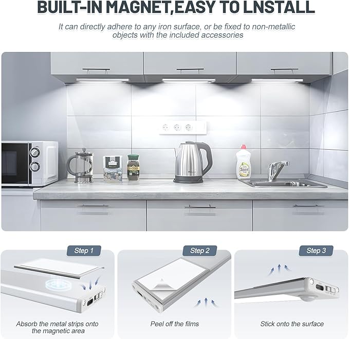 6 Pack Under Cabinet Lights Wireless, 50 LED Motion Sensor Light Indoor Rechargeable Magnetic Closet Lights Battery Operated, Under Counter Lights for Kitchen, Wardrobe, Hallway, Stairs