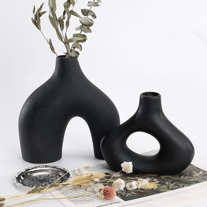 Modern Black Ceramic Vase Set of 2, Durable Donut Vases for Pampas Grass, Minimalist Industrial Boho Decorative Vases for Home Decor, Living Room, Farmhouse, Dining Table, Countertops, Shelf
