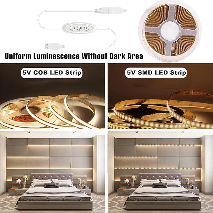 COB LED Strip Lights Natural White 4000K CRI92+ Flexible&Cuttable DC 5V 6 ft Led Light Strip Short with Dimmer Switch for Desk Cabinet Home Office DIY Lighting Decoration