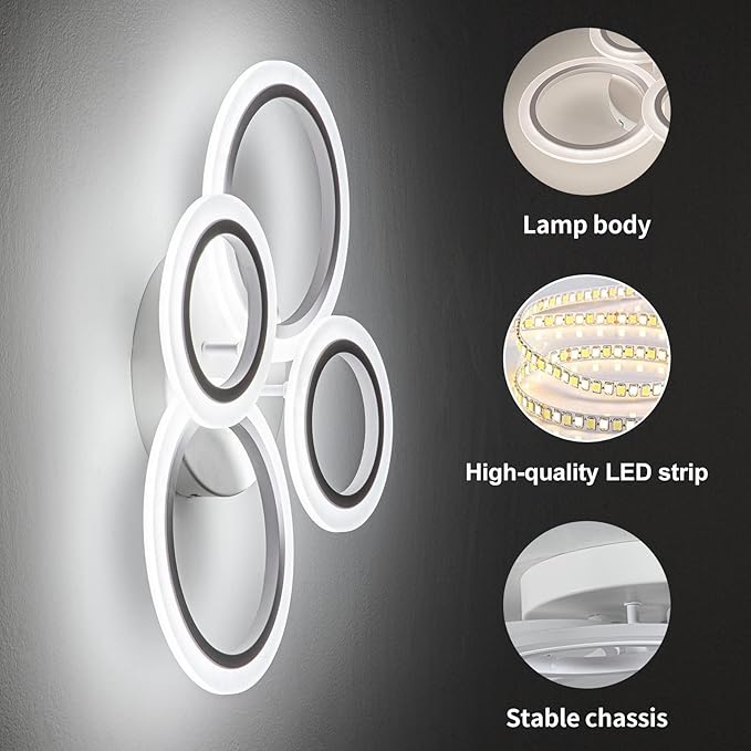 34W LED Ceiling Light with Remote, 3000-6000K Dimmable Modern Flush Mount Ceiling Lighting Fixture White 4 Rings Round Chandelier Ceiling Lamp for Small Room, Bedroom