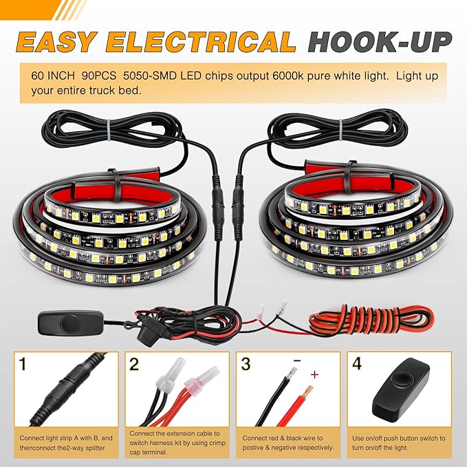 GOOACC Truck Bed Light Strip 2PCS 60" 180 LEDs White Lighting Waterproof for 12V Car Cargo Pickup SUV RV Boat, On/Off Switch Blade Fuse 2-Way Splitter Cable