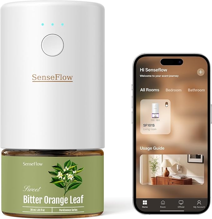 Essential Oil Diffuser for Home, Smart Waterless Aromatherapy Diffuser SF101S Pro, Plug in Room Scent with Timer & 120-Day Natural Aroma – Free 30ml Bitter Orange Leaf(Khaki Green)