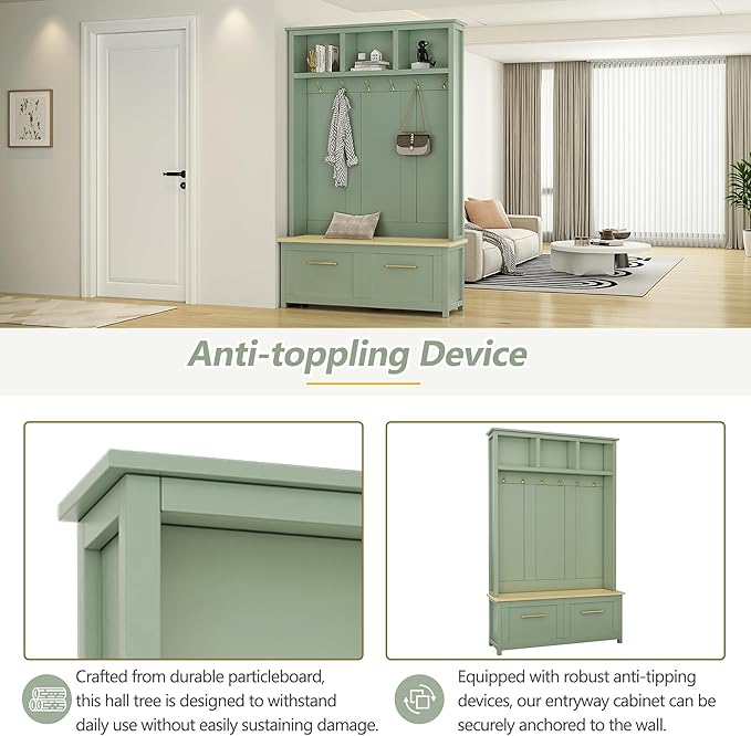 Merax Versatile 4-in-1 Hall Tree with 6 Golden Hooks, Wood Grain Bench with Multiple Storage Space, Entryway Coat Rack with 2 Drawers for Living Room, Hallway, Mint Green