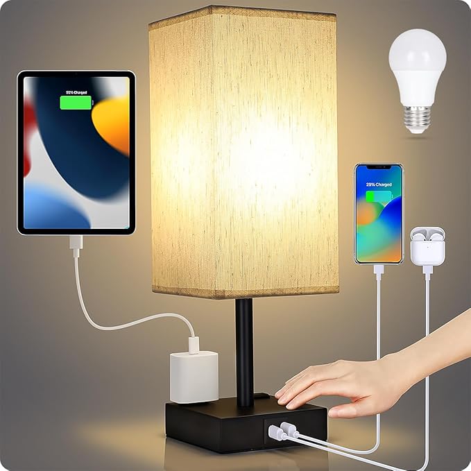 Soilsiu Bedside Table Lamp for Bedroom - Touch Small Lamp with USB C+A Charging Ports & AC Outlets, 3 Way Dimmable Nightstand Light for Living Room (LED Bulb Included, Flaxen)