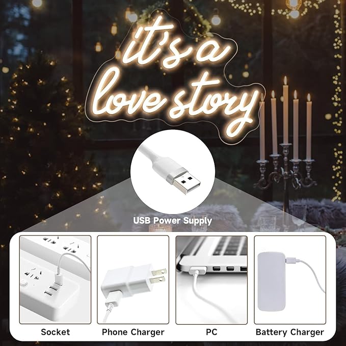 It's a Love Story LED Neon Signs for Wall Decor Neon Wall Art Acrylic LED Lights with Hanging Chain Light Up for Bedroom Decor Graduation Bar Pub Wedding Party 5V USB Powered Dimmable