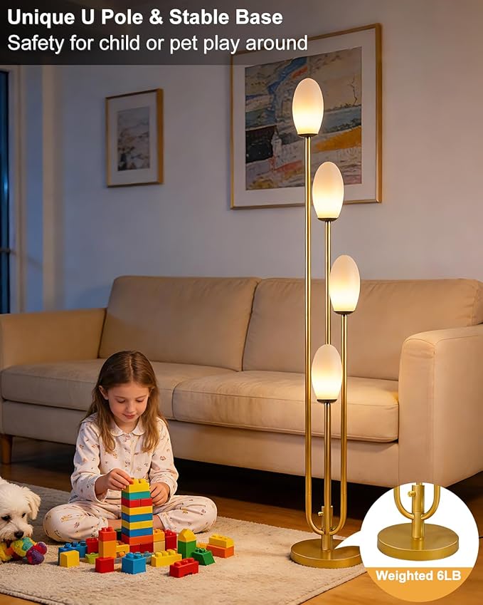 Lightdot Gold Floor Lamp 4-Lights Dimmable Floor Lamps with Oval Lampshade 3000K Bulbs Included Unique Modern Standing Tall Lamp for Living Room/Bedroom/Sofa Beside/Corner Decor