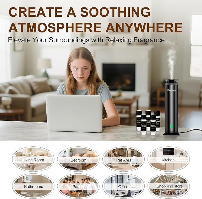 Waterless Scent Diffuser Starter Kit – 1000 Sq Ft Coverage, Suitable for Home & Hotel Series Diffuser, Includes 5 Scent Oils, Remote Control, Large Room Essential Oil Diffuser, Ultra Black