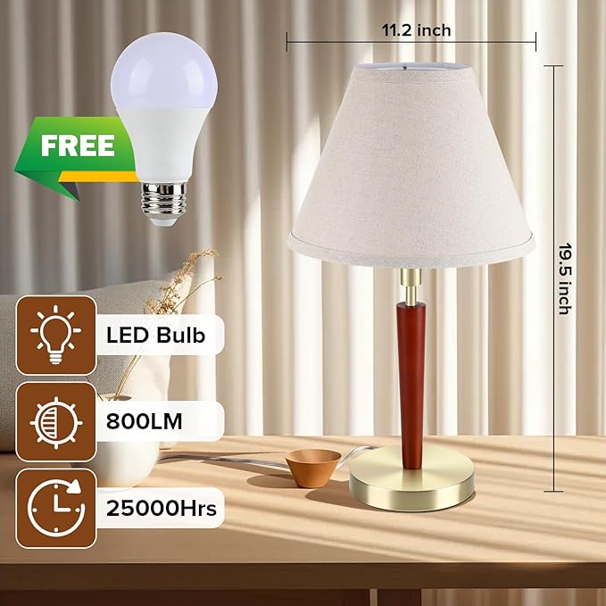 Mid-Century Modern Wood Table Lamp,Touch Control & 3-Way Dimmable Bedside Lamp for Bedroom, Living Room, Nightstand, Office (Bulb Included)