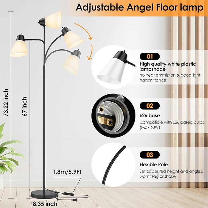 Floor Lamp for Living Room, Adjustable Head Standing Lamp with White Plastic Shade, Black Reading Floor Lamps for Dorm, Bulb not Included