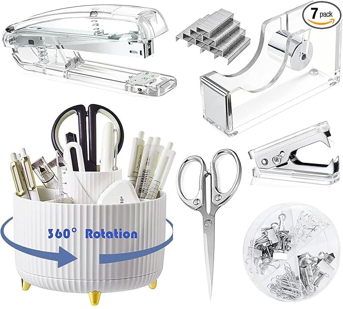 Silver Desk Organizers and Accessories Set with 360-Degree Rotating Pen Holder, Acrylic Stapler, Tape Holder, Staple Remover, Binder/Paper Clips Kit, Scissor and 1 Box of Staples