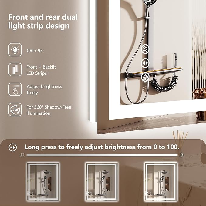 24x30 LED Bathroom Mirror with Lights - Dimmable, Anti-Fog, 3 Color Backlit & Front Lit Mirror for Bathroom, Shatter-Proof Tempered Glass, Easy Installation