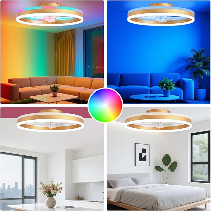 RGB Ceiling Fans with Lights, 20" Fandelier Low Profile Ceiling Fan with Light, Modern Flush Mount Ceiling Fan Light with Remote/APP Control, Bedroom Chandelier Fan Fixture for Indoor(Gold)