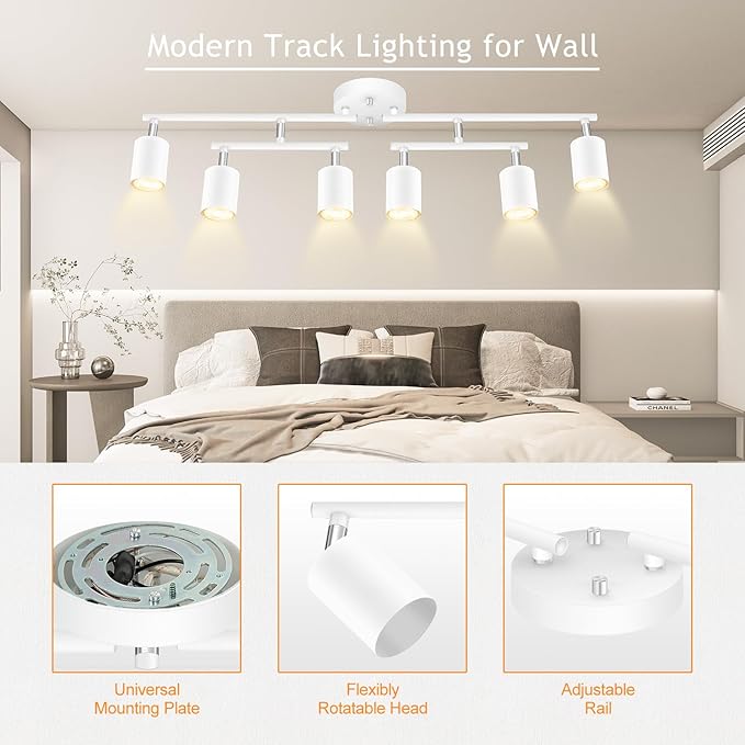 BoostArea 6 Light Track Lighting Kit, White 6 Way Ceiling Spot Lighting, Center Swivel Track Light Heads, Flexibly Rotatable Light Head for Kitchen, Living Room, Bedroom, GU10 Bulb Not Included