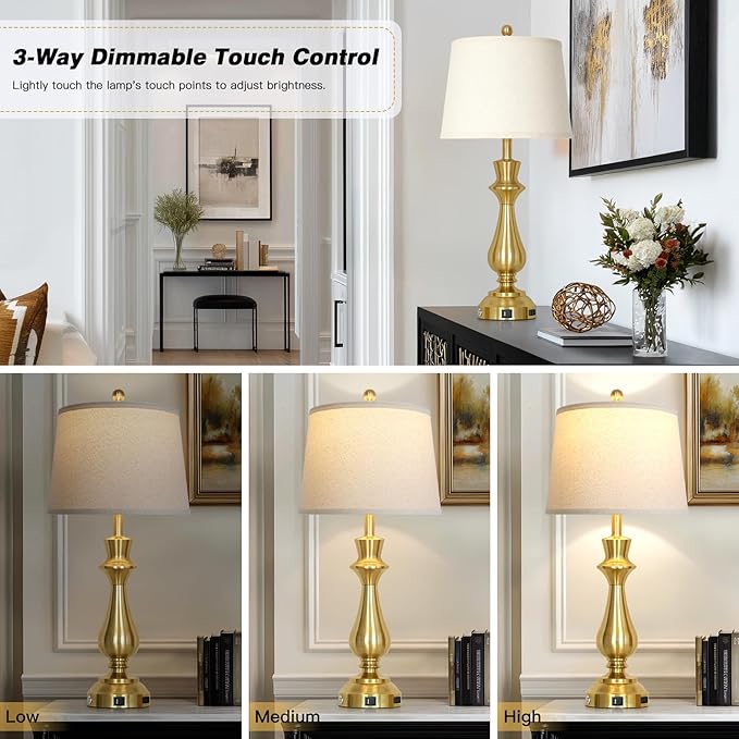 Touch lamp for Night Stands - 29.5" Tall Bedside Lamp with USB C+A, 3 Way Dimmable Bedroom Lamps, Gold Metal Table Lamps for Living Room, Single Gold