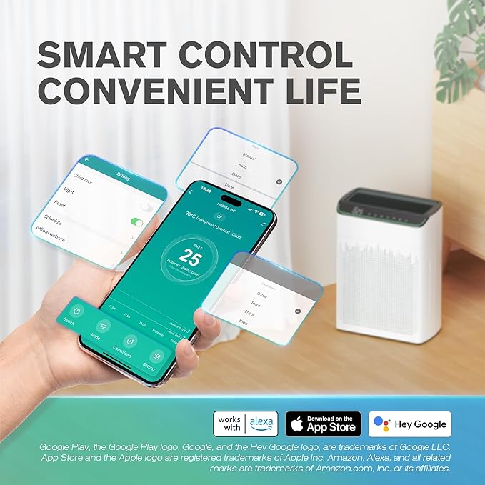 Air Purifiers for Home Large Room up to 1690 ft², HEPA Filter with PM 2.5 Monitor, WiFi and Alexa Compatible, Dual Air Intake for Smoke, Odor, Ivory