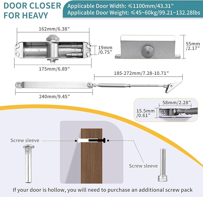 Medium Duty Hydraulic Door Closer for Commercial & Residential Use - Perfect for Screen Doors, Garage Entry, and Interior Doors with Soft Close Technology - Adjustable Automatic Door Closing Mechanism