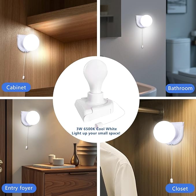 Stick-Up Light Bulb for Closet, 4Pack Battery Operated LED Light Bulb with Pull Chain, Wireless Self Adhesive Wall Mounted Lamp Fixtures for Cabinet Bedroom Living Room Kitchen, Milk White
