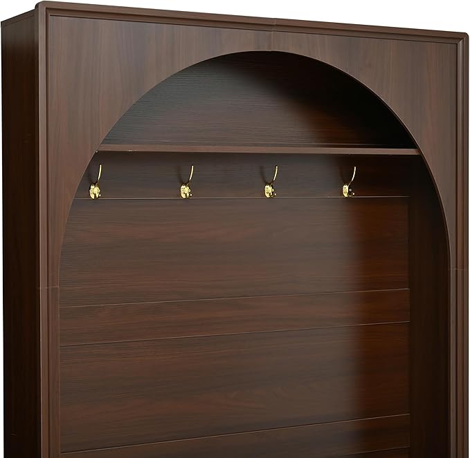 LUMISOL Farmhouse Hall Tree with Storage Bench, Arched Design Coat Rack with 4 Golden Hooks and Adjustable Shelves, Entryway Bench with 3 Cabinets, Retro Hall Cabinet for Living Room, Walnut