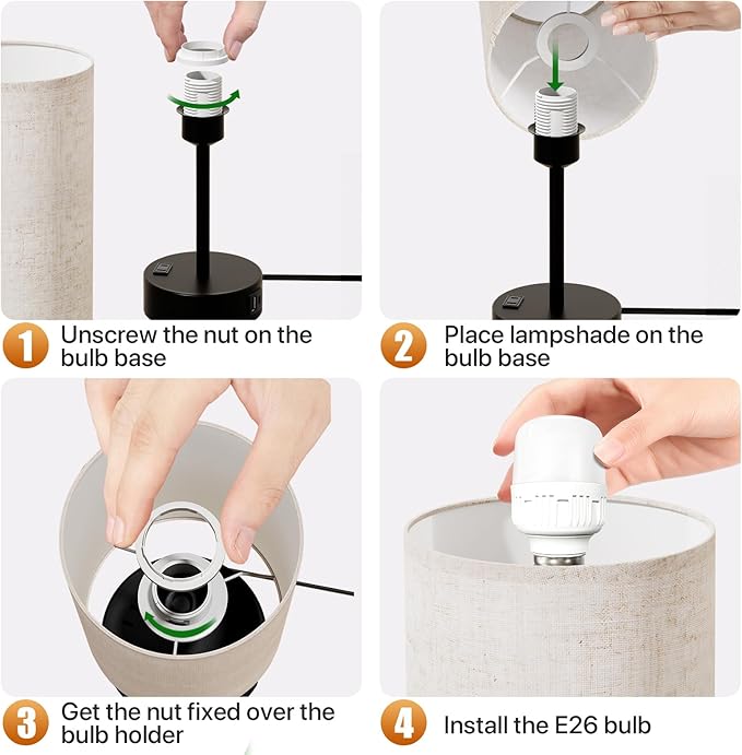 KPQ Small Bedside Lamp Touch Control Table Lamp with USB A+C Charging Ports & AC Outlet 3-Way Dimmable Nightstand Lamp with Linen Fabric Shade for Bedroom Living Room