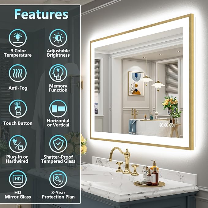 40x36 Gold LED Bathroom Mirror with Lights, Brushed Gold Framed Backlit and Front Lit Anti-Fog Lighted Vanity Mirrors for Bathroom Wall, Dimmable, 3 Colors, Memory, HD Tempered Glass, CRI＞90