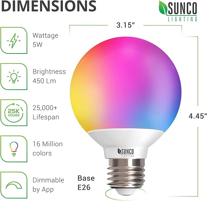 Sunco Smart Globe Bulbs G25 LED, Alexa Compatible LED Decorative Round Vanity Bulbs, 5W, Color Changing RGBCW, Dimmable WiFi Vanity Smart Bulbs for Amazon Alexa, Google Assistant, 4 Pack.