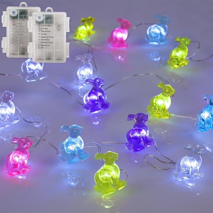 WATERGLIDE 2 Pack Easter Decorative Lights, 16FT 50LED Each Colorful Bunny String Fairy Lights, Battery Operated Rabbit Shaped Lights, 8 Modes & Timer, Waterproof Indoor Outdoor for Easter Party Home