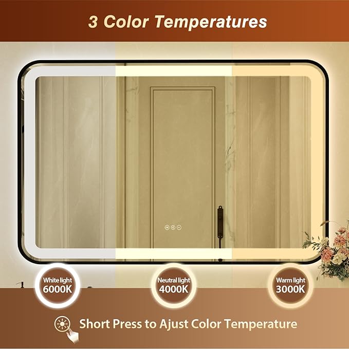 32x55 Inch Black Framed LED Bathroom Mirror with Lights, Built-in Bluetooth Speaker,Tempered Glass,Dimmable Lighted Bathroom Vanity Mirror with 3 Colors, Backlit + Frontlit, Memory, Anti-Fog