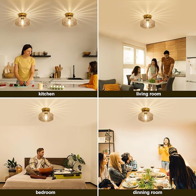 Tbaoinal Semi Flush Mount Ceiling Light with Diamond Glass Shade, 36-Faceted Panels Create Starburst Effect, 1200LM LED Bulb Included Brushed Gold Finish Ideal for Hallway Entryway Kitchen Bathroom