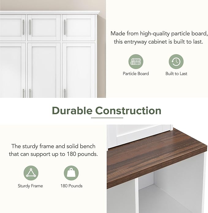 Multi-Functional Hall Tree with 4 Hidden Hanging Hooks, Brown Wood Grain Bench with Multiple Storage Space, Entryway Cabinet with Open Compartments for Living Room, Hallway (White-15.6)