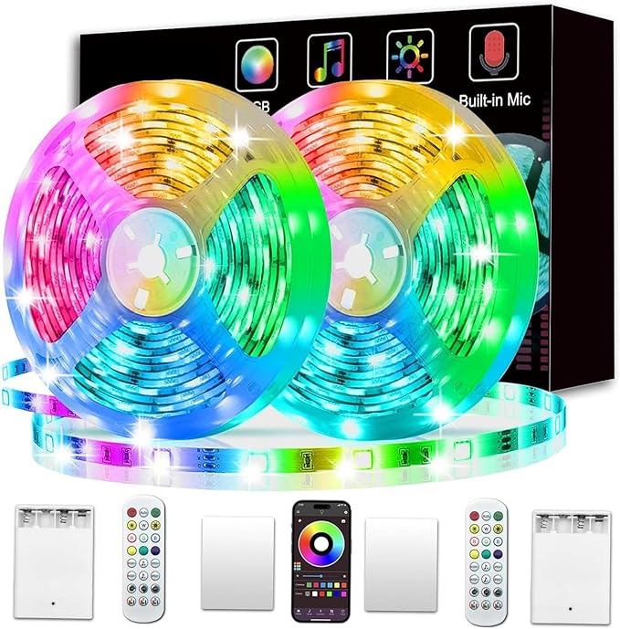 KIKO Battery Powered Led Strip Lights, 2x16.4Ft (32.8Ft),Two Sets of Strip Light with 4 AA Battery Box/USB RGB LED Lights, Remote and APP Control