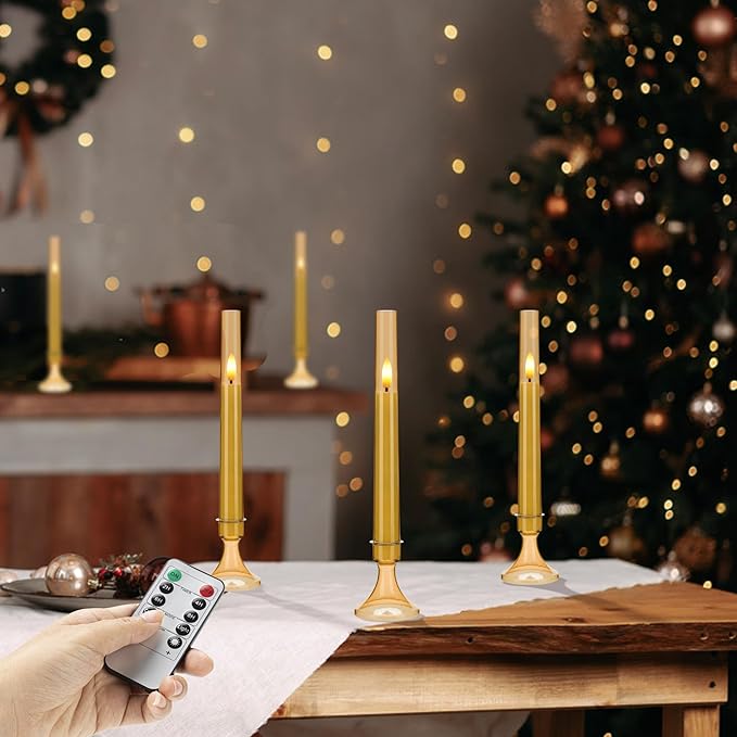 Gold Flameless LED Taper Candles with Remote and Timer, 6 Pack Battery Operated Candles 9.25"x0.75" for Xmas Wedding Decor, 3D Flickering Flameless Candles with Acrylic Candlesticks
