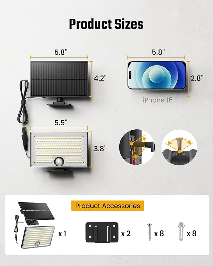 Mini Solar Lights Outdoor with Motion Sensor, 170-LED Solar Flood Lights Outdoor Dusk to Dawn with 16.5FT Cable, 3 Modes Solar LED Lights for Outside Waterproof IP65 for Patio, Yard, 4 Pack