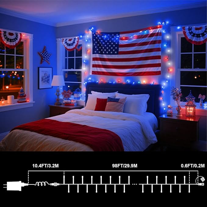 LAMPHOME 99ft 300LED Red White and Blue Patriotic String Lights, 16 Modes Red White Blue LED Lights Plug in, 4th of July Lights Outdoor for Independence Day Memorial Day Patriotic Window Decor