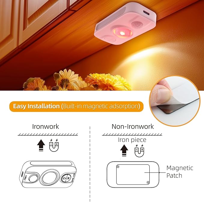 DAMI Motion Sensor Step Light with 7 Colors, USB Rechargeable, Dimmable Warm White Night Light for Bedroom, Kitchen, Staircase, Cabinets – 2 Pack LED Cabinet Lighting, 600mAh Battery