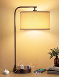 Innqoo Brown Side Table Lamp with USB Port and Outlet, Dimmable Nightstand Bedside Lamps with Linen Lampshade, Desk Lamp for Bedroom, Living Room, Guest Room, Home Office, LED Bulb Included